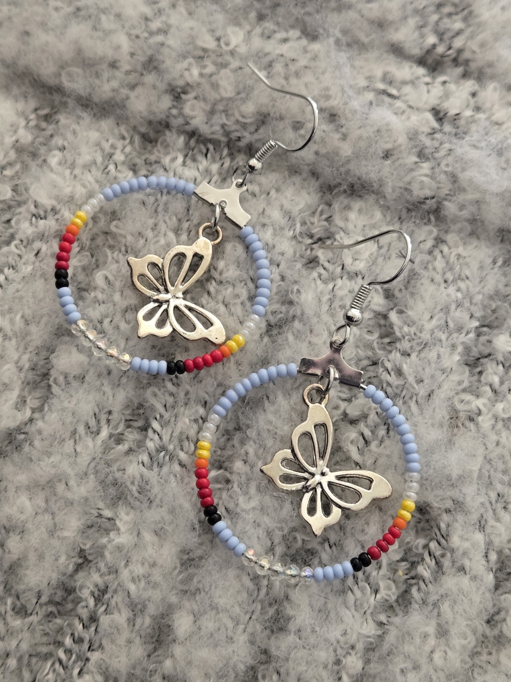 Handmade Light Purple Beaded Butterfly Hoop Earrings
